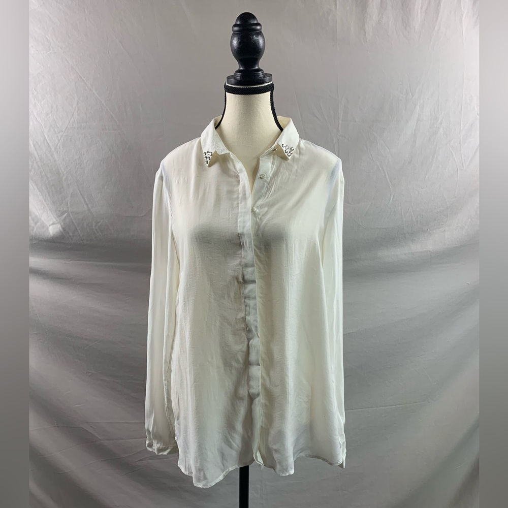 Off White Blouse With Rhinestone Collar